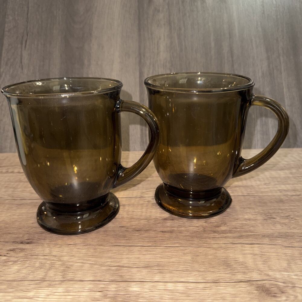 2 Vintage Anchor Hocking Smoke/Amber Brown 16 Oz Pedestal Footed Coffee Tea Mugs